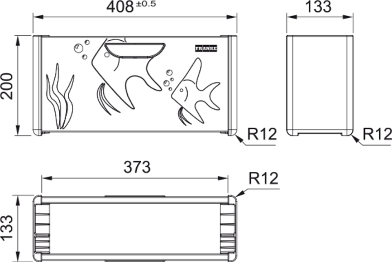 Franke Box Andy Chef Accessory Kit Stainless Steel Knife Board Strainer — dimensions drawing