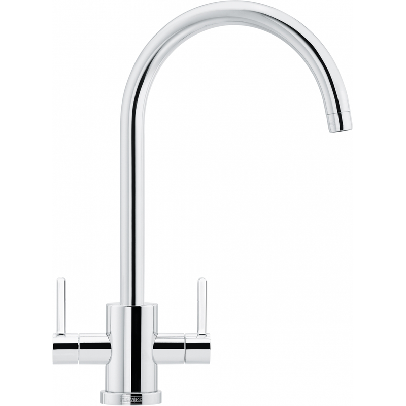 Franke Krios Chrome Dual Lever Kitchen Tap Brass J-Spout Swivel 391mm — dimensions drawing