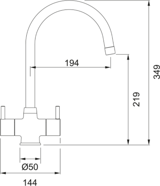 Franke Athena Matt Black Dual Lever Kitchen Tap Brass J-Spout Swivel 349mm — dimensions drawing