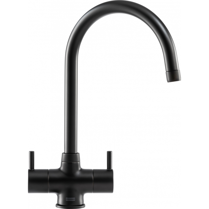 Franke Athena Matt Black Dual Lever Kitchen Tap Brass J-Spout Swivel 349mm — dimensions drawing