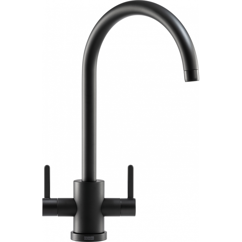 Franke Krios Matt Black Dual Lever Kitchen Tap Brass J-Spout Swivel 391mm — dimensions drawing