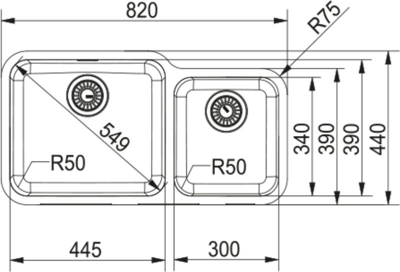 Franke Largo LAX 120 Undermount 2 Bowl Stainless Steel Kitchen Sink 45-30 — dimensions drawing