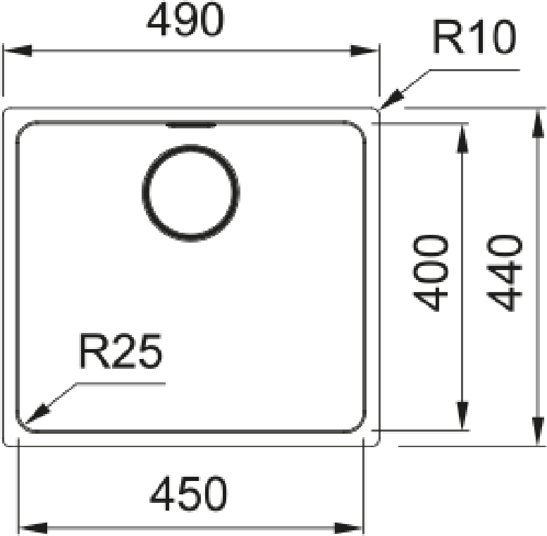 Franke Mythos MYX 110-45 Undermount 1 Bowl Stainless Steel Kitchen Sink — dimensions drawing