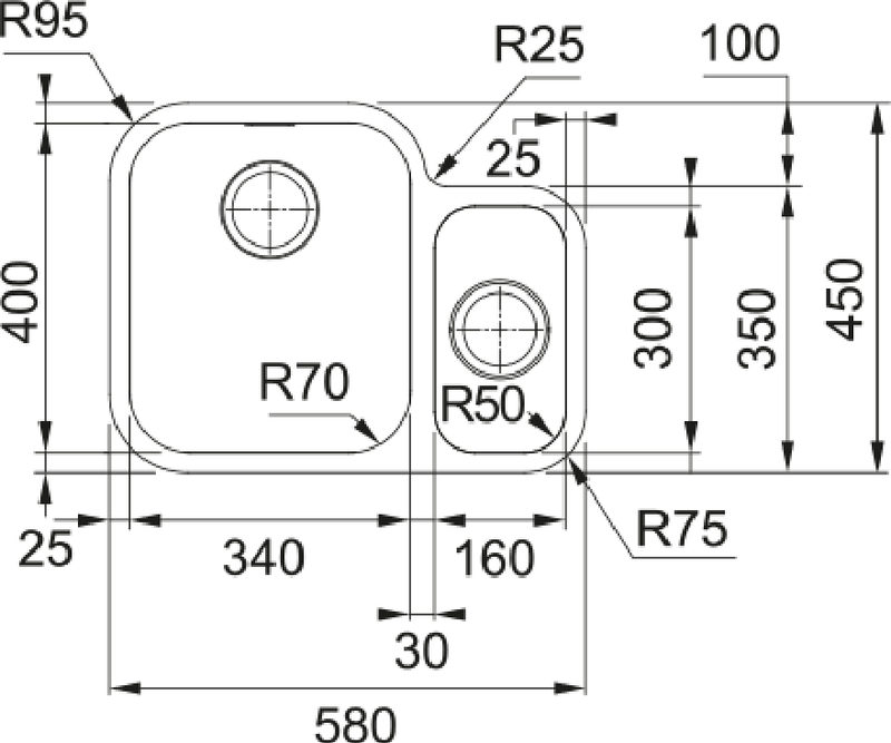 Franke Smart SRX 160 Undermount 1.5 Bowl Stainless Steel Kitchen Sink RH — dimensions drawing
