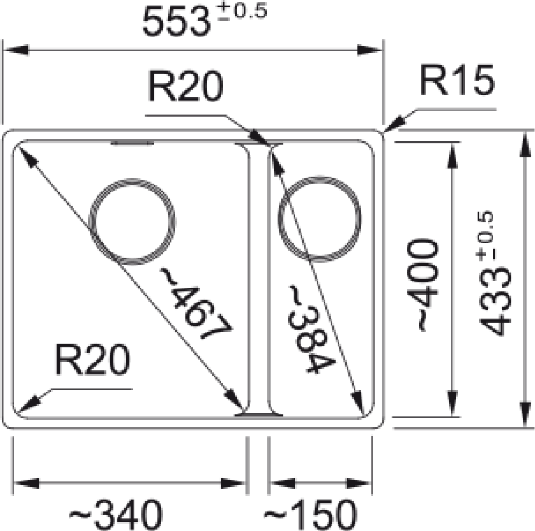 Carron Phoenix Haven 150 Granite 1.5 Bowl Polar White Kitchen Sink Inset — dimensions drawing