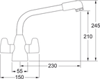 Franke Davos Chrome Dual Lever Kitchen Tap Brass L-Spout Swivel 245mm — dimensions drawing