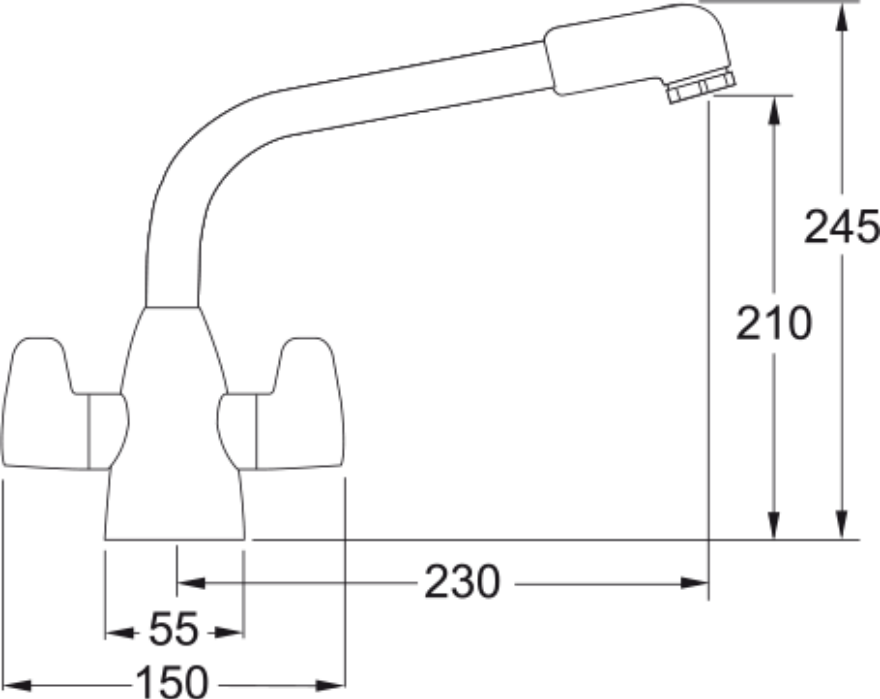 Franke Davos Decor Steel Dual Lever Kitchen Tap Brass L-Spout Swivel 245mm — dimensions drawing