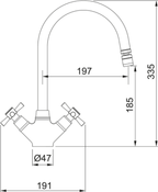 Franke Rotaflow Chrome Dual Lever Kitchen Tap Brass J-Spout Swivel 335mm — dimensions drawing