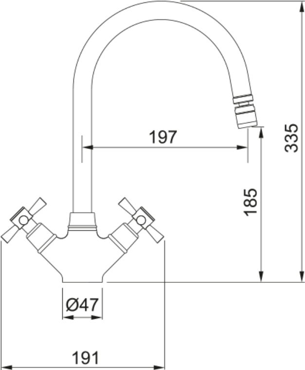 Franke Rotaflow Chrome Dual Lever Kitchen Tap Brass J-Spout Swivel 335mm — dimensions drawing