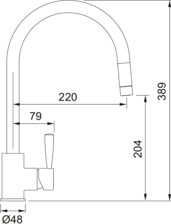 Franke Fuji Chrome Pull Out Nozzle Kitchen Tap Brass J-Spout 389mm — dimensions drawing