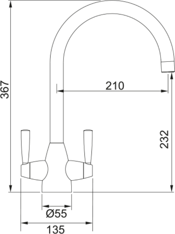 Franke Valais Stainless Steel Dual Lever Kitchen Tap J-Spout Swivel 367mm — dimensions drawing