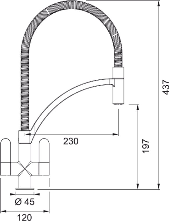 Franke Zelus Chrome Semi-Pro Kitchen Tap Brass Dual Lever Pull Out 437mm — dimensions drawing