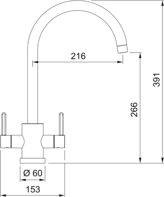 Franke Krios Chrome Dual Lever Kitchen Tap Brass J-Spout Swivel 391mm — dimensions drawing