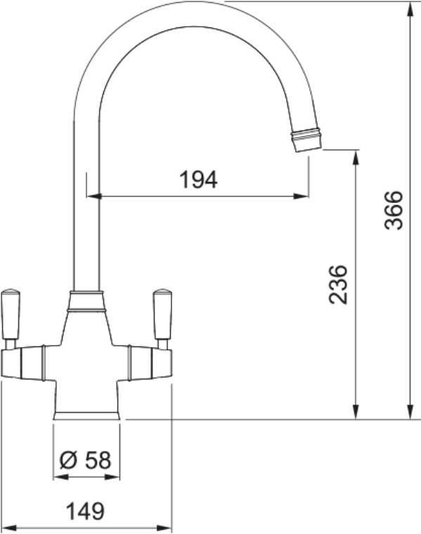 Franke Gloriana Decor Steel Twin Lever Kitchen Tap Brass J-Spout Swivel — dimensions drawing