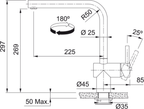 Franke Atlas Neo Sensor Stainless Steel Kitchen Tap L-Spout Swivel 297mm — dimensions drawing