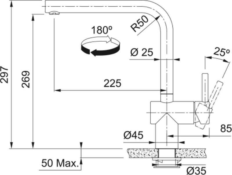 Franke Atlas Neo Sensor Stainless Steel Kitchen Tap L-Spout Swivel 297mm — dimensions drawing