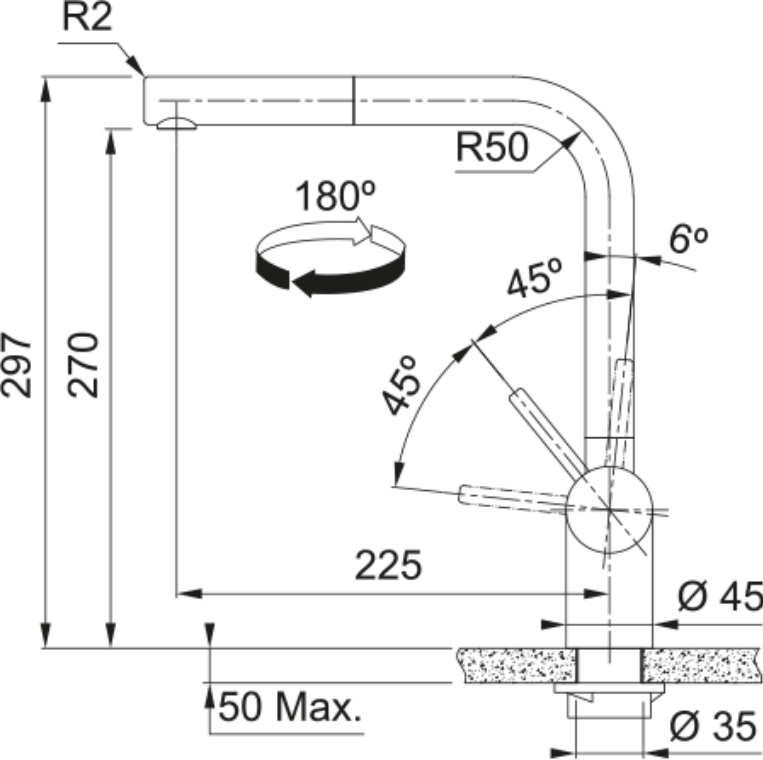 Franke Atlas Neo Anthracite Pull Out Nozzle Kitchen Tap Stainless Steel — dimensions drawing