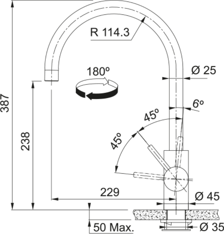 Franke Eos Neo Stainless Steel Single Lever Kitchen Tap J-Spout Swivel — dimensions drawing