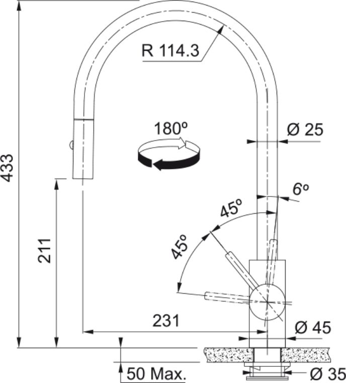 Franke Eos Neo Anthracite Pull Down Spray Kitchen Tap Stainless Steel — dimensions drawing