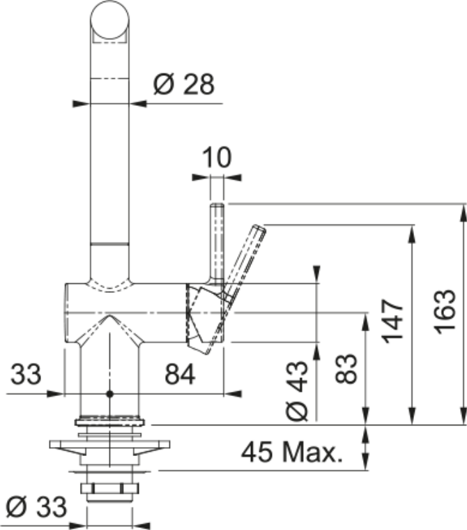Franke Active Matt Black Single Lever Kitchen Tap Brass L-Spout Swivel — dimensions drawing