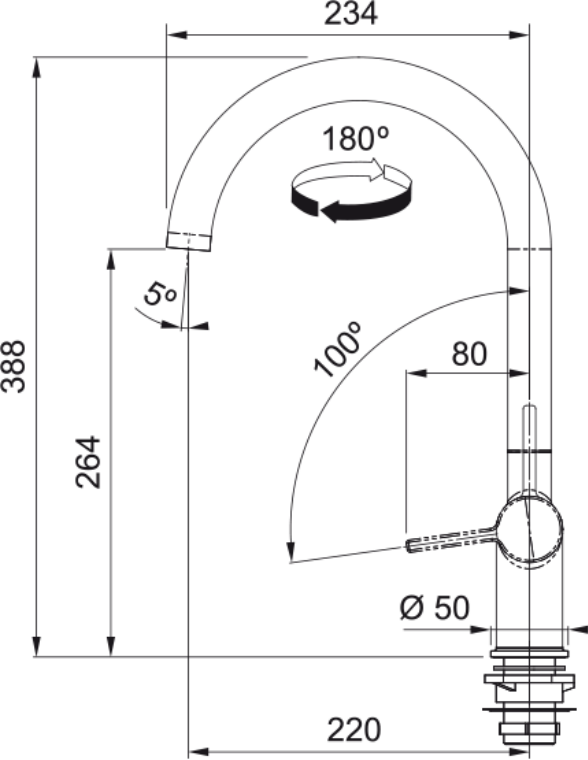 Franke Active Chrome Single Lever Kitchen Tap Brass J-Spout Swivel 388mm — dimensions drawing