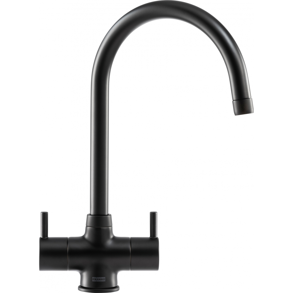 Franke Athena Matt Black Dual Lever Kitchen Tap Brass J-Spout Swivel 349mm — dimensions drawing