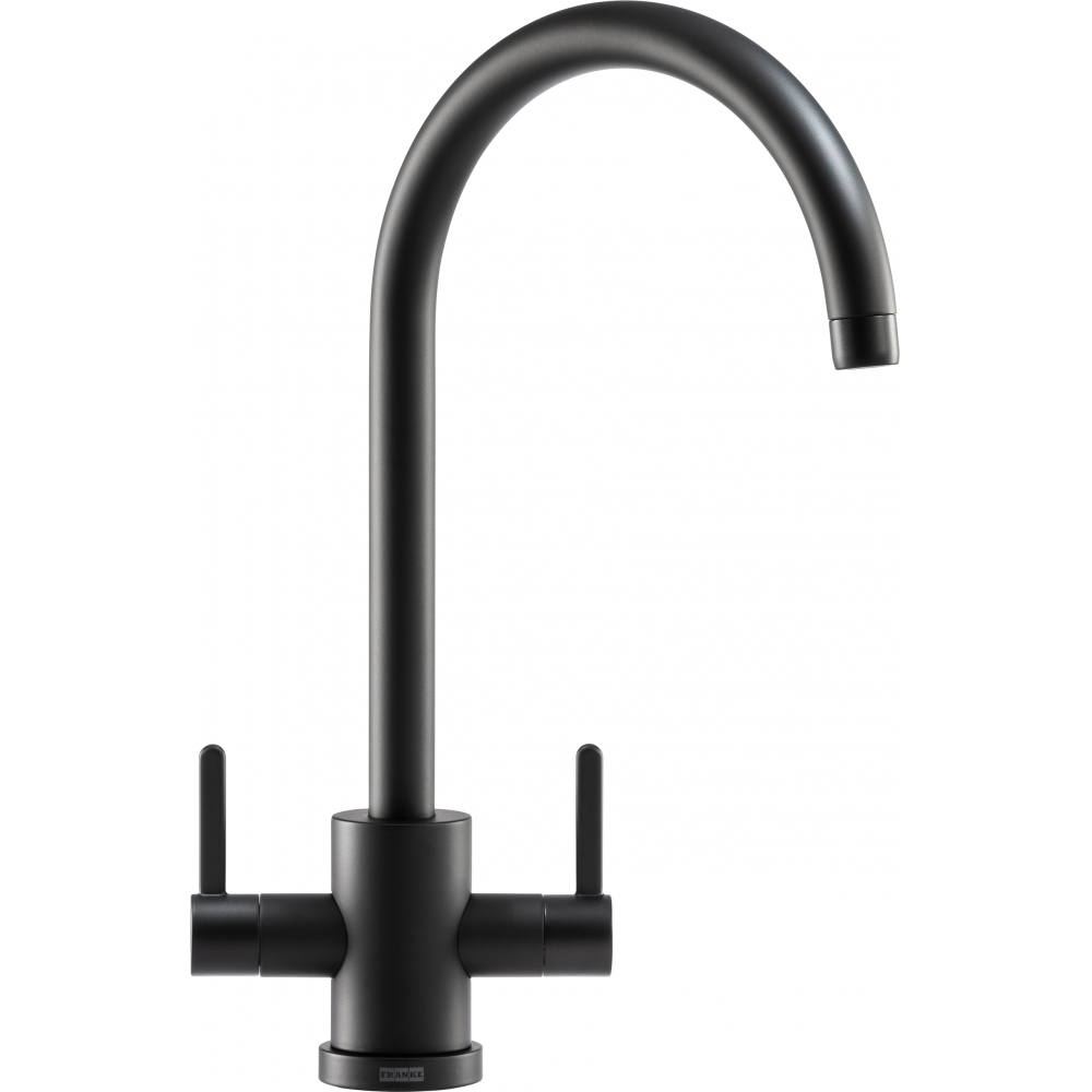 Franke Krios Matt Black Dual Lever Kitchen Tap Brass J-Spout Swivel 391mm — dimensions drawing