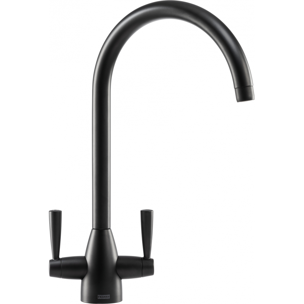 Franke Eiger Matt Black Dual Lever Kitchen Tap Brass J-Spout Swivel 392mm — dimensions drawing