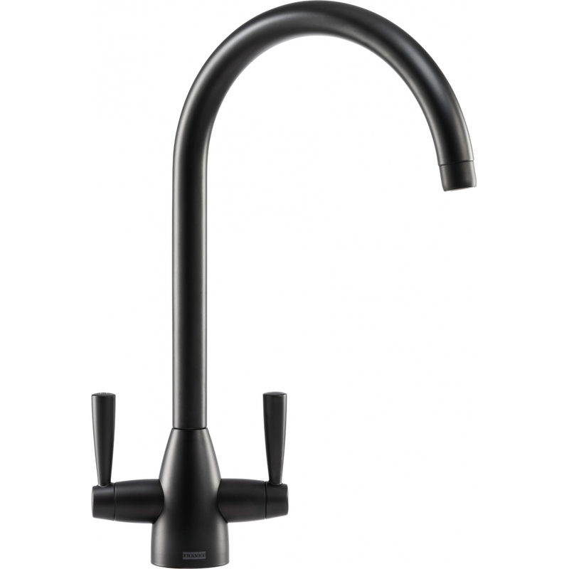 Franke Eiger Matt Black Dual Lever Kitchen Tap Brass J-Spout Swivel 392mm — dimensions drawing