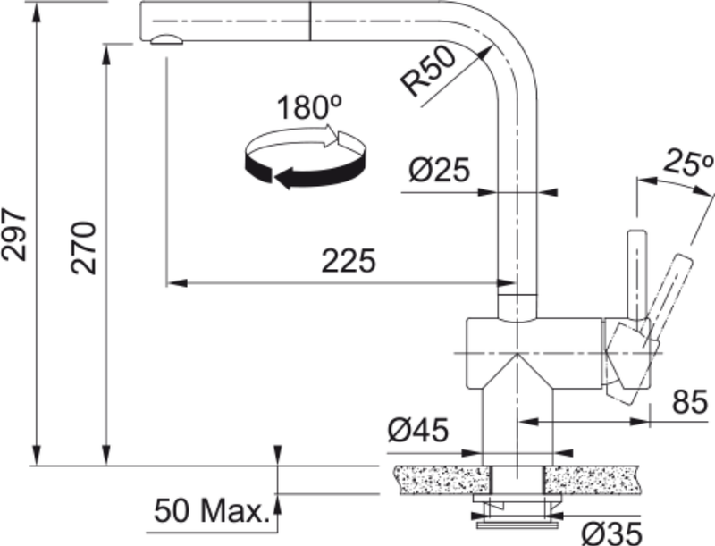 Franke Atlas Neo Sensor Industrial Black Pull Out Kitchen Tap Stainless — dimensions drawing