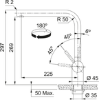 Franke Atlas Neo Gold Single Lever Kitchen Tap Stainless Steel L-Spout — dimensions drawing
