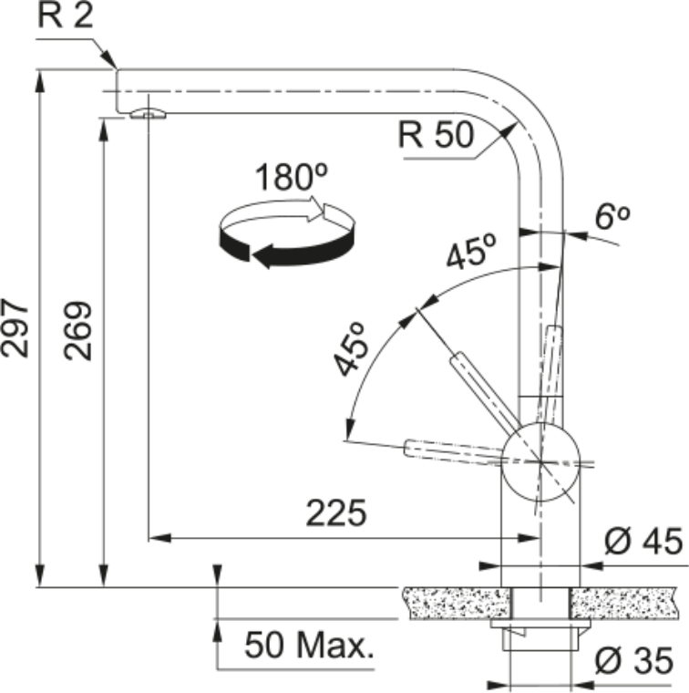 Franke Atlas Neo Gold Single Lever Kitchen Tap Stainless Steel L-Spout — dimensions drawing