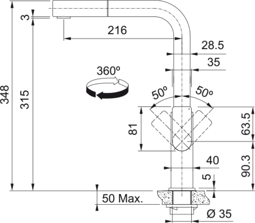 Franke Mythos Industrial Black Pull Out Nozzle Kitchen Tap L-Spout 348mm — dimensions drawing