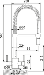 Franke Krios Chrome Semi-Pro Kitchen Tap Brass Dual Lever Pull Out 540mm — dimensions drawing