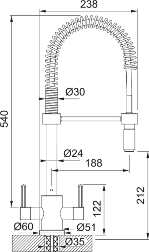 Franke Krios Chrome Semi-Pro Kitchen Tap Brass Dual Lever Pull Out 540mm — dimensions drawing