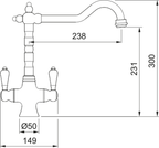 Franke Cotswold Brass Dual Lever Kitchen Tap U-Spout Swivel Traditional — dimensions drawing