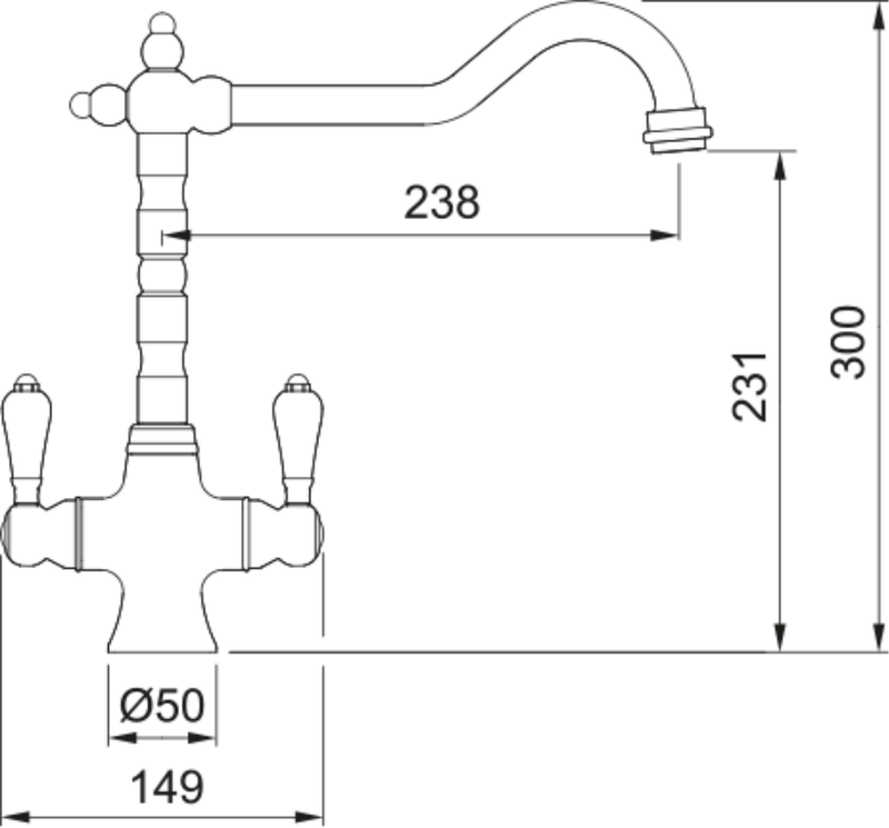 Franke Cotswold Brass Dual Lever Kitchen Tap U-Spout Swivel Traditional — dimensions drawing