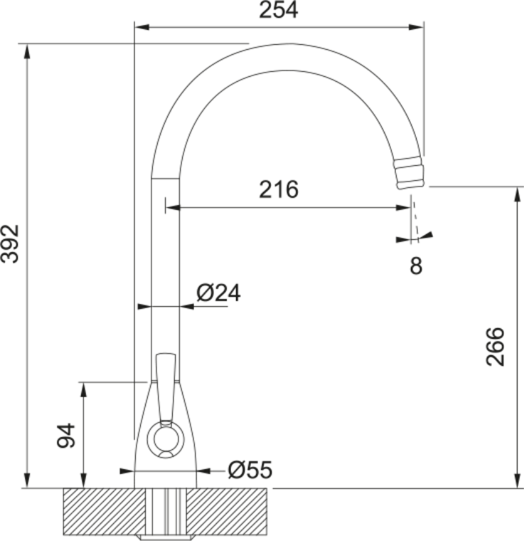 Franke Eiger Brass Dual Lever Kitchen Tap J-Spout Swivel Traditional 392mm — dimensions drawing