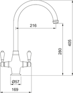 Franke Gloriana Classic Polished Nickel Twin Lever Kitchen Tap J-Spout 405mm — dimensions drawing