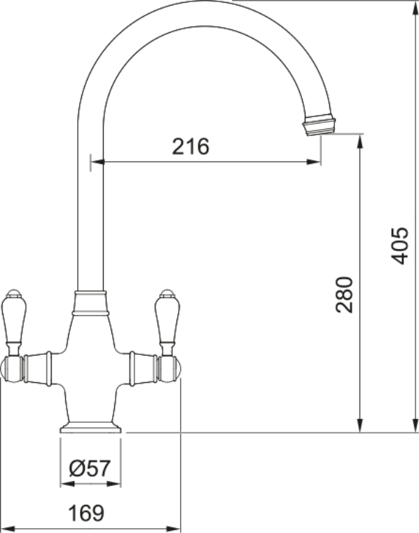 Franke Gloriana Classic Polished Nickel Twin Lever Kitchen Tap J-Spout 405mm — dimensions drawing