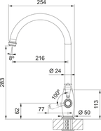 Franke Gloriana Classic Polished Nickel Side Lever Kitchen Tap J-Spout — dimensions drawing