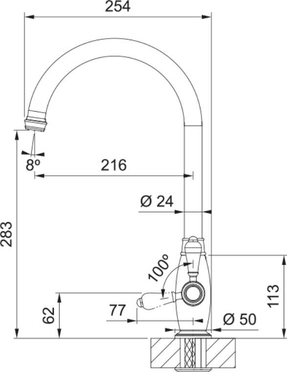 Franke Gloriana Classic Brass Side Lever Kitchen Tap J-Spout Swivel 408mm — dimensions drawing