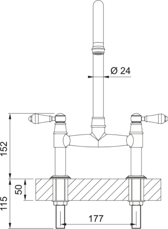 Franke Gloriana Classic Decor Steel Bridge Lever Kitchen Tap J-Spout 415mm — dimensions drawing