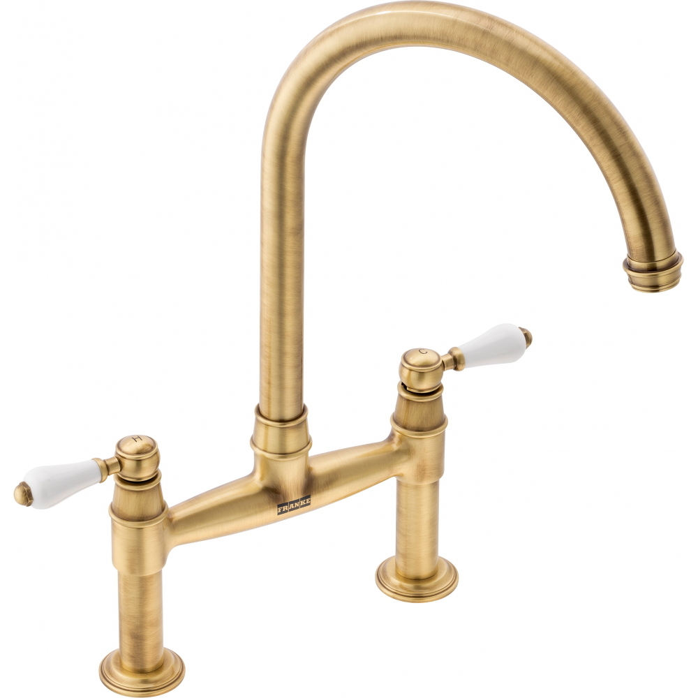 Franke Gloriana Classic Brass Bridge Lever Kitchen Tap J-Spout 415mm — dimensions drawing