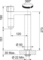 Franke Vital Capsule Filter Tap Chrome Gunmetal Brass Kitchen L-Spout — dimensions drawing