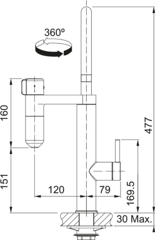 Franke Vital Capsule 3-in-1 Filter Tap Industrial Black Brass Kitchen — dimensions drawing