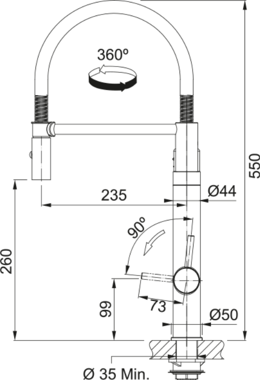 Franke Vital Capsule 3-in-1 Filter Semi-Pro Tap Industrial Black Kitchen — dimensions drawing