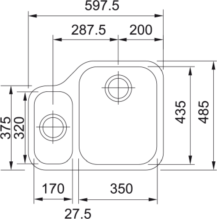 Franke Ariane ARX 160 Undermount 1.5 Bowl Stainless Steel Kitchen Sink LH — dimensions drawing