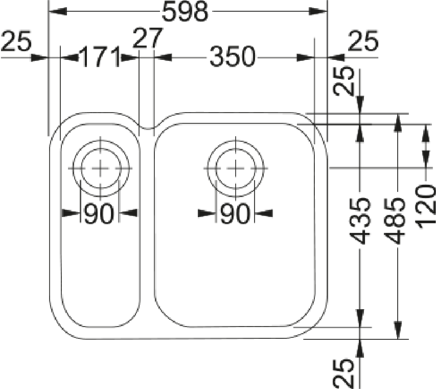 Franke Ariane ARX 160 Undermount 1.5 Bowl Stainless Steel Kitchen Sink LH — dimensions drawing