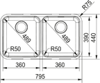 Franke Largo LAX 120 Undermount 2 Bowl Stainless Steel Kitchen Sink — dimensions drawing